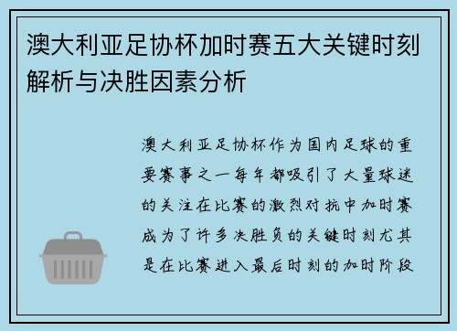 澳大利亚足协杯加时赛五大关键时刻解析与决胜因素分析 澳大利亚足协杯加时赛五大关键时刻解析与决胜因素分析