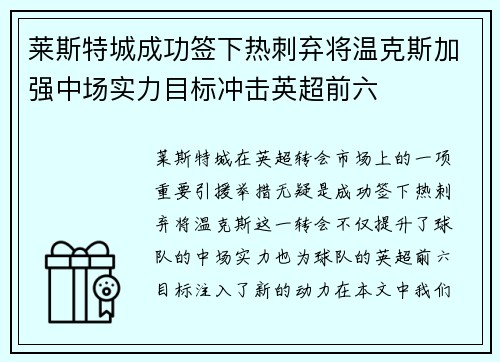 莱斯特城成功签下热刺弃将温克斯加强中场实力目标冲击英超前六